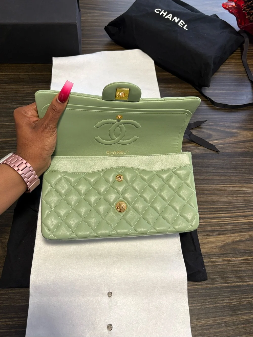 CHANEL Quilted Flap Shoulder Bag in Sage Green with Gold Hardware